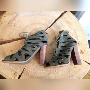 MIA Green booties. Leather upper Ladies open toe heel.